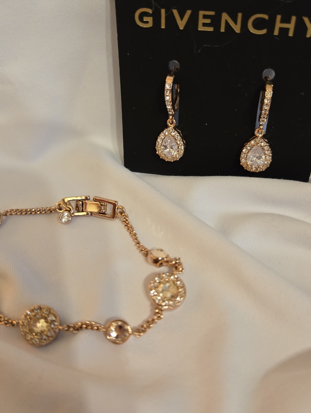 Givenchy Gold Crystal Teardrop Earrings with Matching Station Bracelet - Picture 10 of 12